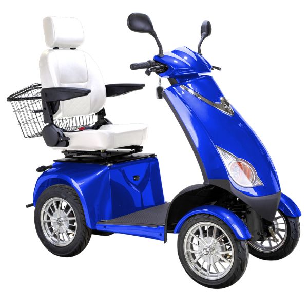 Bespoke Platinum Bariatric 4-Wheel Mobility Scooter in Blue Color with White Seat and Chrome Wheel Rims