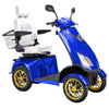 Image of Bespoke Platinum Bariatric 4-Wheel Mobility Scooter in Blue Color with White Seat and Gold w/ Black Wheel Rims
