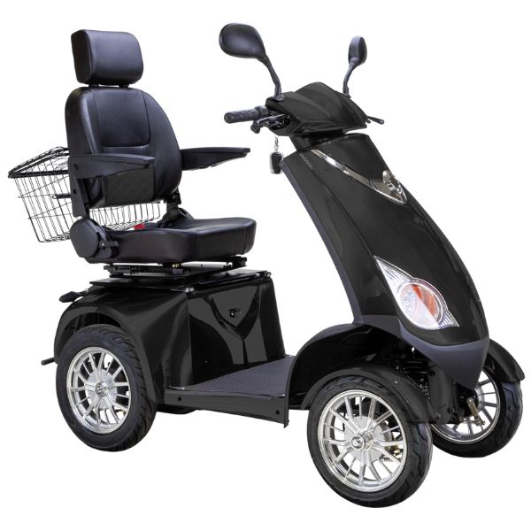 Bespoke Platinum Bariatric 4-Wheel Mobility Scooter in Matte Black Color with Black Seat and Chrome Wheel Rims