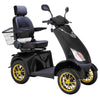 Image of Bespoke Platinum Bariatric 4-Wheel Mobility Scooter in Matte Black Color with Black Seat and Gold w/ Black Wheel Rims