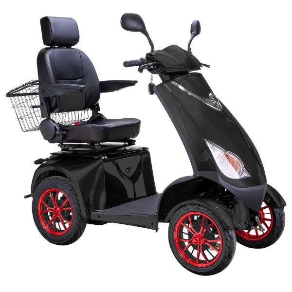 Bespoke Platinum Bariatric 4-Wheel Mobility Scooter in Matte Black Color with Black Seat and Red w/ Black Wheel Rims