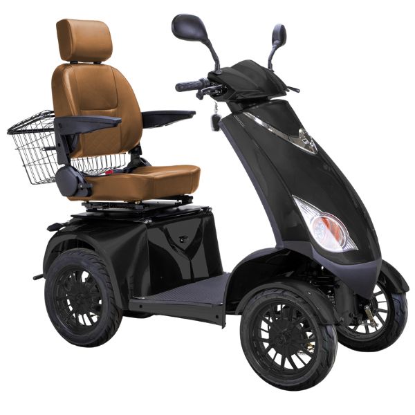 Bespoke Platinum Bariatric 4-Wheel Mobility Scooter in Matte Black Color with Brown Seat and Black Wheel Rims