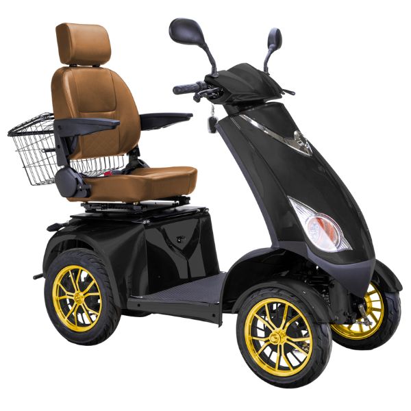 Bespoke Platinum Bariatric 4-Wheel Mobility Scooter in Matte Black Color with Brown Seat and Gold w/  Black Wheel Rims