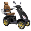 Image of Bespoke Platinum Bariatric 4-Wheel Mobility Scooter in Matte Black Color with Brown Seat and Gold w/  Black Wheel Rims