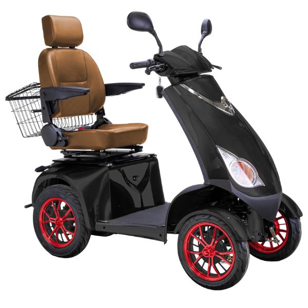 Bespoke Platinum Bariatric 4-Wheel Mobility Scooter in Matte Black Color with Brown Seat and Red w/  Black Wheel Rims