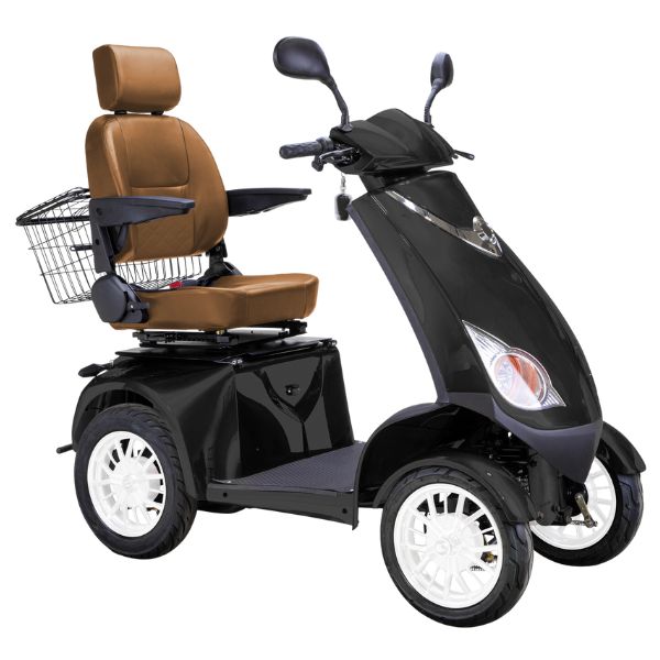 Bespoke Platinum Bariatric 4-Wheel Mobility Scooter in Matte Black Color with Brown Seat and White Wheel Rims