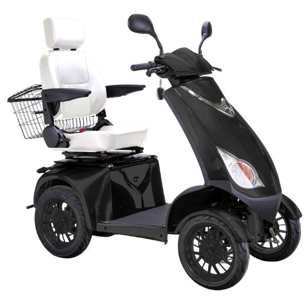 Bespoke Platinum Bariatric 4-Wheel Mobility Scooter in Matte Black Color with White Seat and Black Wheel Rims