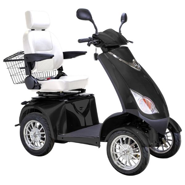 Bespoke Platinum Bariatric 4-Wheel Mobility Scooter in Matte Black Color with White Seat and Chrome Wheel Rims