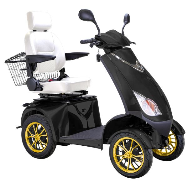 Bespoke Platinum Bariatric 4-Wheel Mobility Scooter in Matte Black Color with White Seat and Gold w/ Black Wheel Rims