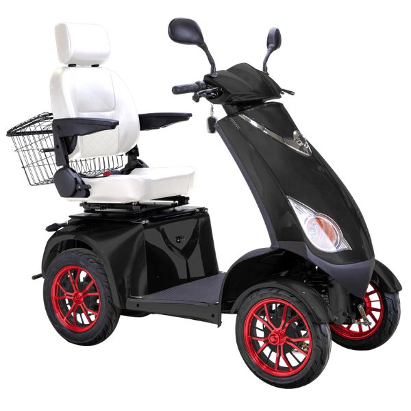 Bespoke Platinum Bariatric 4-Wheel Mobility Scooter in Matte Black Color with White Seat and Red w/ Black Wheel Rims