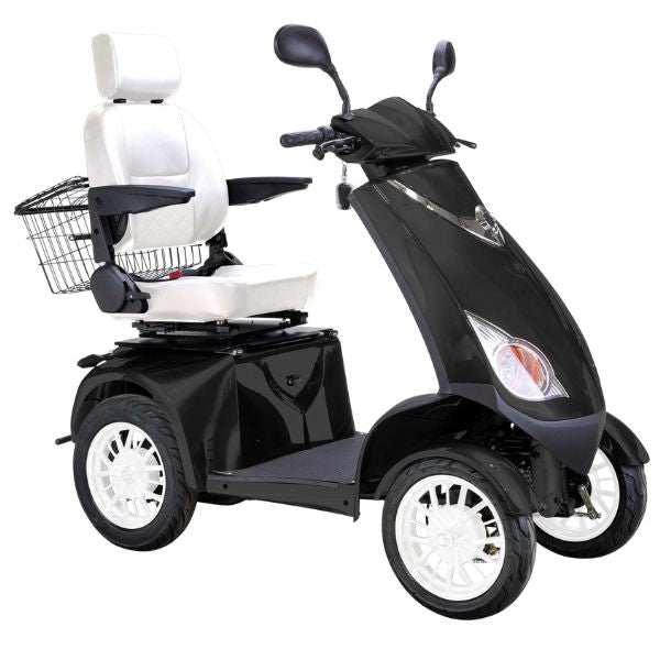Bespoke Platinum Bariatric 4-Wheel Mobility Scooter in Matte Black Color with White Seat and White Wheel Rims