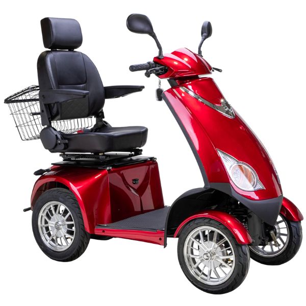 Bespoke Platinum Bariatric 4-Wheel Mobility Scooter in Red Color with Black Seat and Chrome Wheel Rims