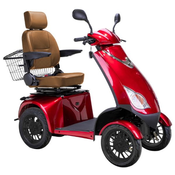 Bespoke Platinum Bariatric 4-Wheel Mobility Scooter in Red Color with Brown Seat and Black Wheel Rims