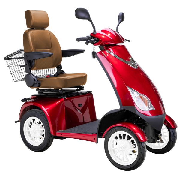 Bespoke Platinum Bariatric 4-Wheel Mobility Scooter in Red Color with Brown Seat and White Wheel Rims