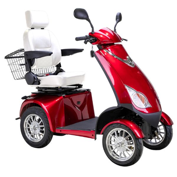 Bespoke Platinum Bariatric 4-Wheel Mobility Scooter in Red Color with White Seat and Chrome Wheel Rims