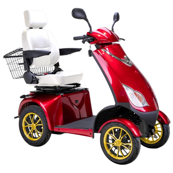 Bespoke Platinum Bariatric 4-Wheel Mobility Scooter in Red Color with White Seat and Gold w/ Black Wheel Rims