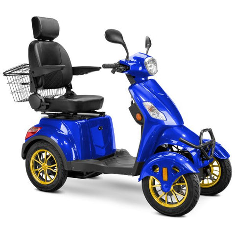 Bespoke Prestige Full Size 4-Wheel Mobility Scooterin Blue Color Black Seat and Gold Wheel Rims