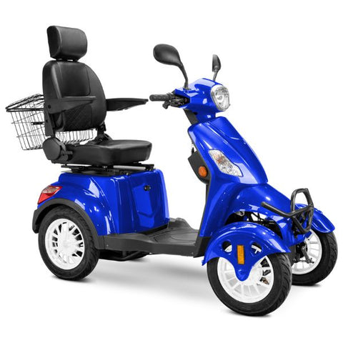 Bespoke Prestige Full Size 4-Wheel Mobility Scooterin Blue Color Black Seat and White Wheel Rims