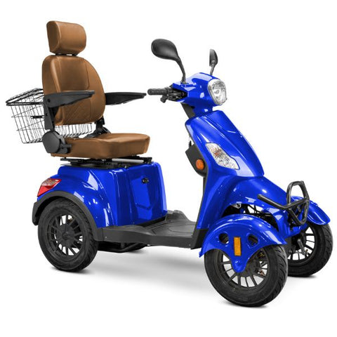 Bespoke Prestige Full Size 4-Wheel Mobility Scooterin Blue Color Brown Seat and Black Wheel Rims