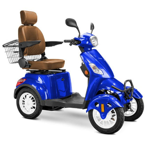 Bespoke Prestige Full Size 4-Wheel Mobility Scooterin Blue Color Brown Seat and White Wheel Rims
