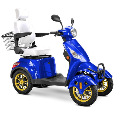 Bespoke Prestige Full Size 4-Wheel Mobility Scooterin Blue Color White Seat and Gold Wheel Rims
