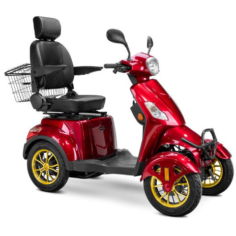 Bespoke Prestige Full Size 4-Wheel Mobility Scooterin Red Color Black Seat and Gold Wheel Rims