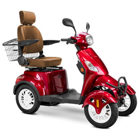 Bespoke Prestige Full Size 4-Wheel Mobility Scooterin Red Color Brown Seat and White Wheel Rims 