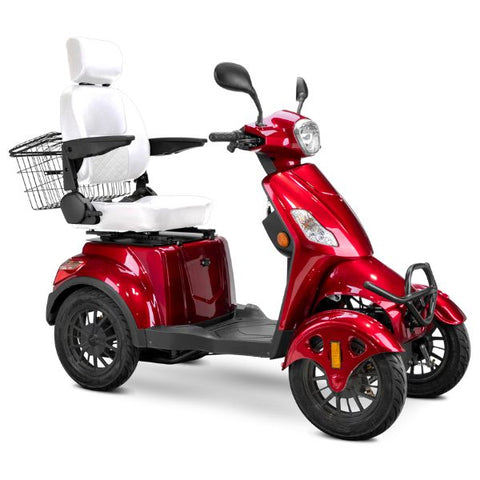 Bespoke Prestige Full Size 4-Wheel Mobility Scooterin Red Color White Seat and Black Wheel Rims 