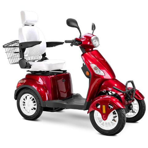 Bespoke Prestige Full Size 4-Wheel Mobility Scooterin Red Color White Seat and White Wheel Rims 