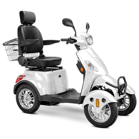 Bespoke Prestige Full Size 4-Wheel Mobility Scooterin White Color Black Seat and Chrome Wheel Rims