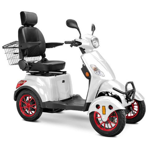 Bespoke Prestige Full Size 4-Wheel Mobility Scooterin White Color Black Seat and Red Wheel Rims
