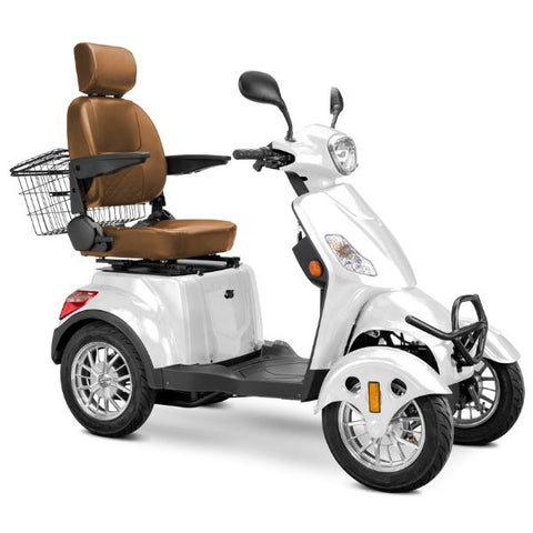 Bespoke Prestige Full Size 4-Wheel Mobility Scooterin White Color Brown Seat and Chrome Wheel Rims 