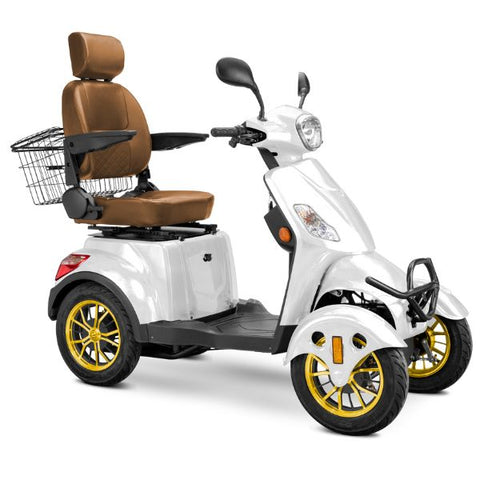 Bespoke Prestige Full Size 4-Wheel Mobility Scooterin White Color Brown Seat and Gold Wheel Rims