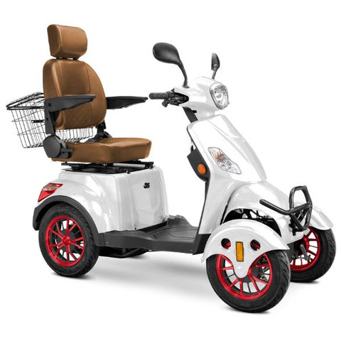 Bespoke Prestige Full Size 4-Wheel Mobility Scooterin White Color Brown Seat and Red Wheel Rims