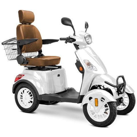 Bespoke Prestige Full Size 4-Wheel Mobility Scooterin White Color Brown Seat and White Wheel Rims 