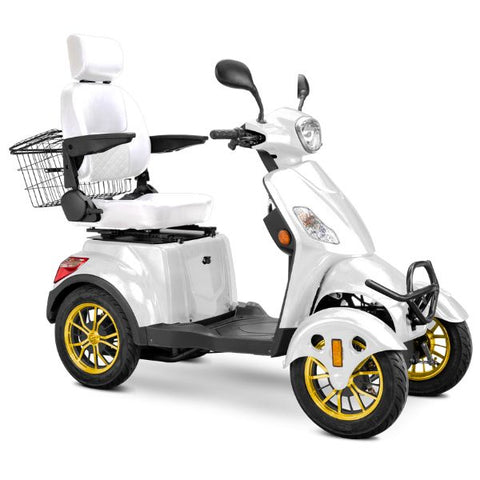 Bespoke Prestige Full Size 4-Wheel Mobility Scooterin White Color White Seat and Gold Wheel Rims