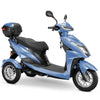 Image of Bespoke Regal Full Size 3-Wheel Mobility Scooter in Blue Color with Black Seat and Chrome Wheel Rims