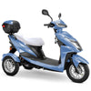 Image of Bespoke Regal Full Size 3-Wheel Mobility Scooter in Blue Color with White Seat and Chrome Wheel Rims
