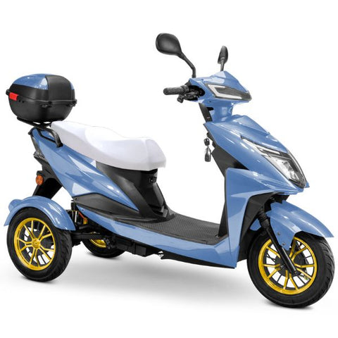 Bespoke Regal Full Size 3-Wheel Mobility Scooter in Blue Color with White Seat and Gold Wheel Rims