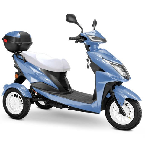 Bespoke Regal Full Size 3-Wheel Mobility Scooter in Blue Color with White Seat and White Wheel Rims