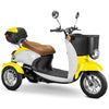 Image of Bespoke Supreme 3-Wheel Mobility Scooter in Yellow & White Color with Brown Seat and Chrome Wheel Rims