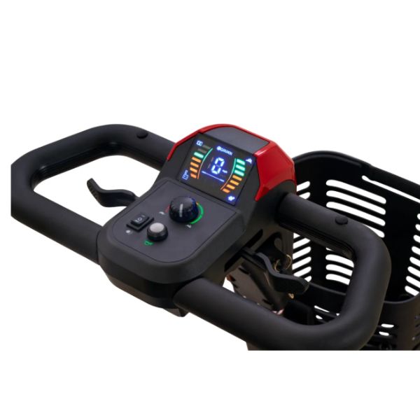 Close-up of Buzzaround XL 4-Wheel Mobility Scooter GB150 handlebar assembly with a digital display screen, control buttons, and a black plastic basket on a white background.