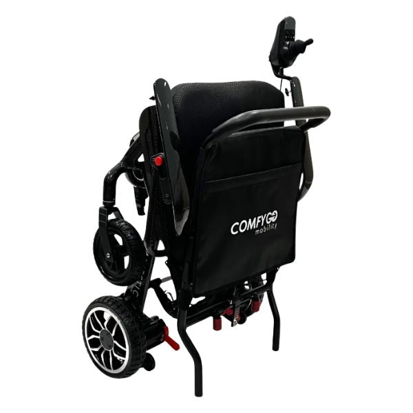 ComfyGo IQ-Carbon Lightweight Carbon Fiber Electric Wheelchair with 'COMFYGO' branding on a white background