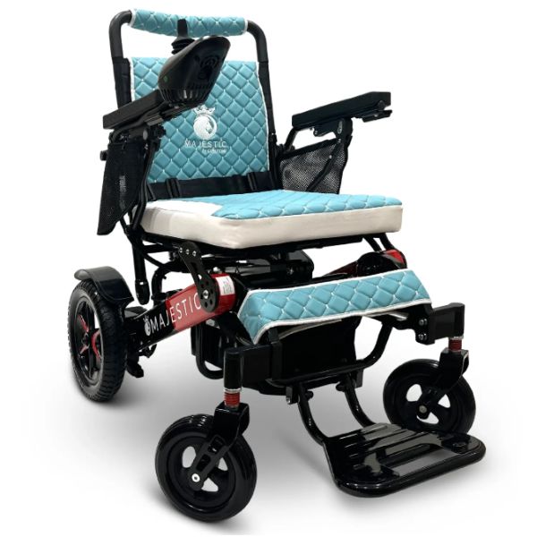 ComfyGo IQ-7000 Remote Control Folding Electric Wheelchair Black and Red frame with Teal Cushion