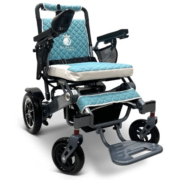 ComfyGo IQ-7000 Remote Control Folding Electric Wheelchair Silver frame with Teal Cushion