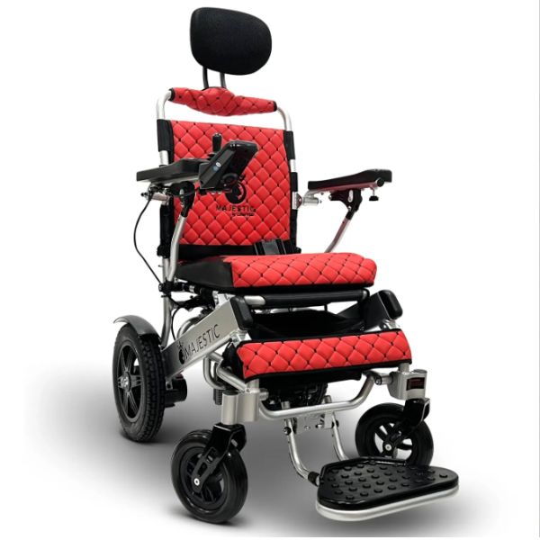 ComfyGo IQ-9000 Remote Controlled Folding Power Wheelchair Silver Frame With Red Cushion