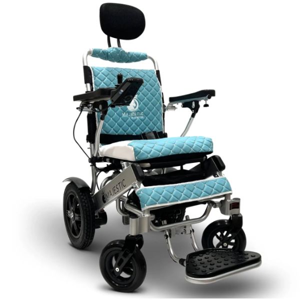 ComfyGo IQ-9000 Remote Controlled Folding Power Wheelchair Silver Frame With Teal Cushion