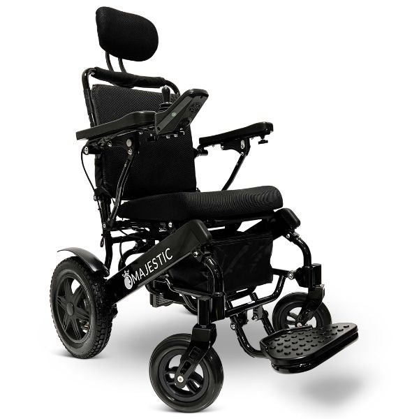 ComfyGo IQ-9000 Remote Controlled Folding Power Wheelchair with Recline Showing Black Frame and Standard Cushion