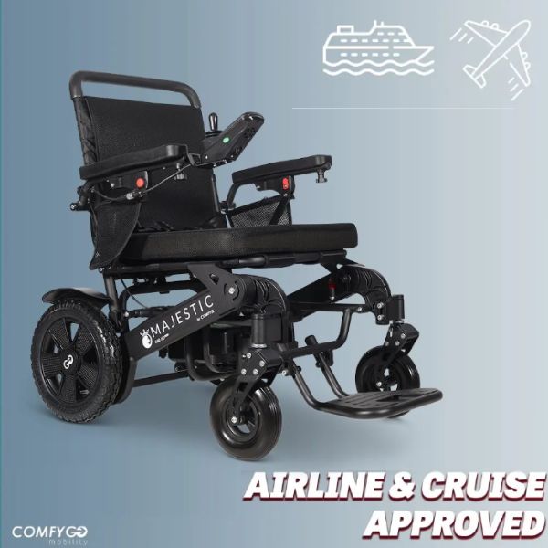 ComfyGo MAJESTIC 440 HD Plus Remote-Control Heavy-Duty Power Wheelchair with 'Majestic' branding on a blue background, featuring airplane and ship icons.