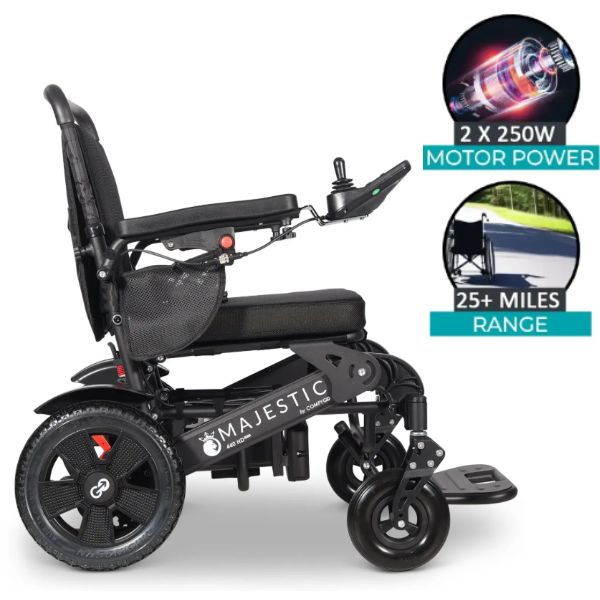 ComfyGo MAJESTIC 440 HD Plus Remote-Control Heavy-Duty Power Wheelchair with power indicators on a white background